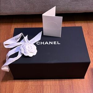 Chanel Black Box with White Ribbon and Camellia